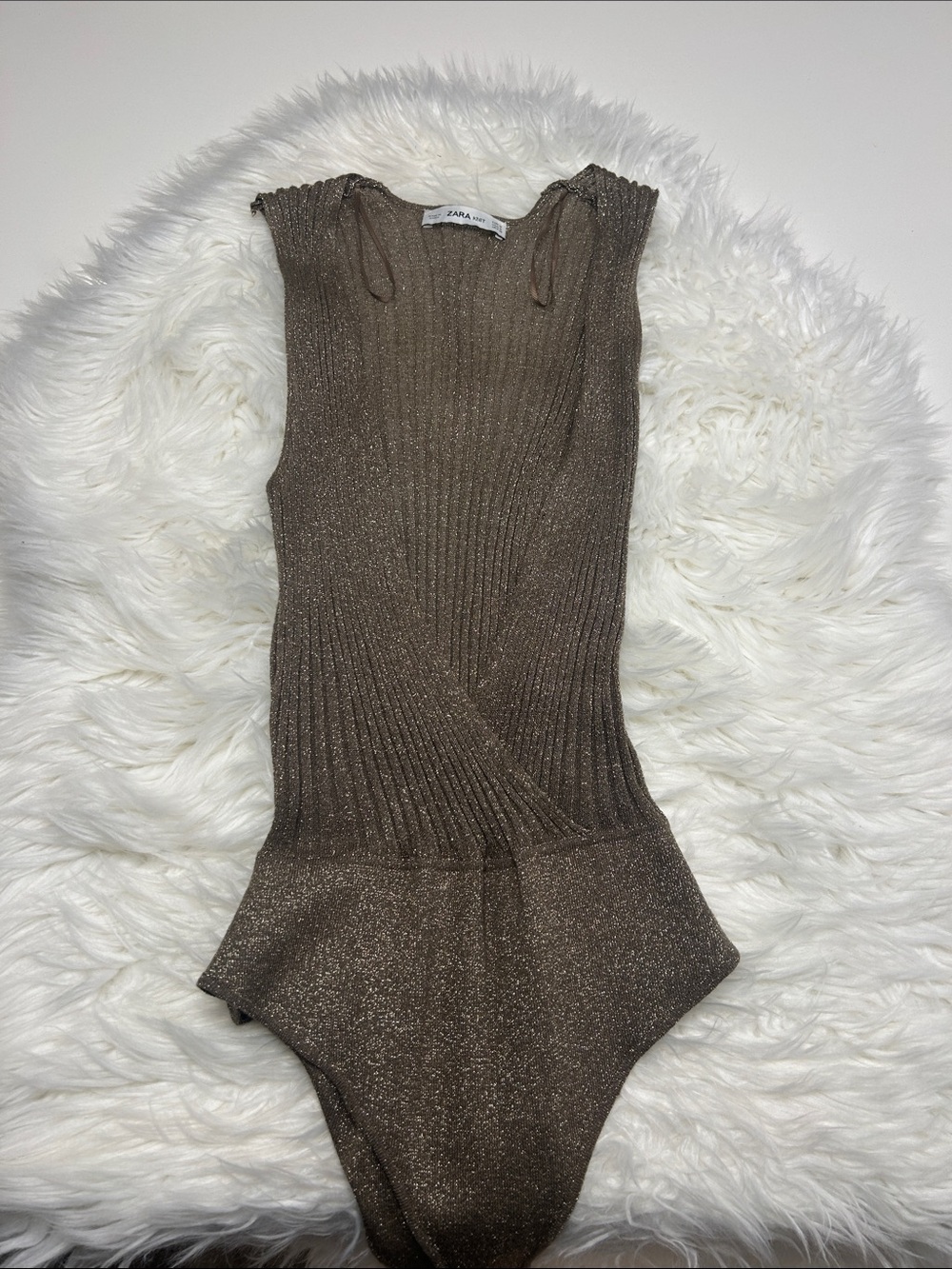 Zara Metallic Taupe Ribbed Shimmer Bodysuit Size Medium
